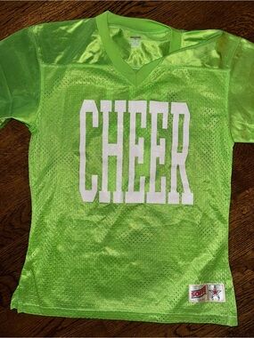 Soffe V-Neck Neon Green 'CHEER' Glitter Mesh Jersey Top - EUC Medium
